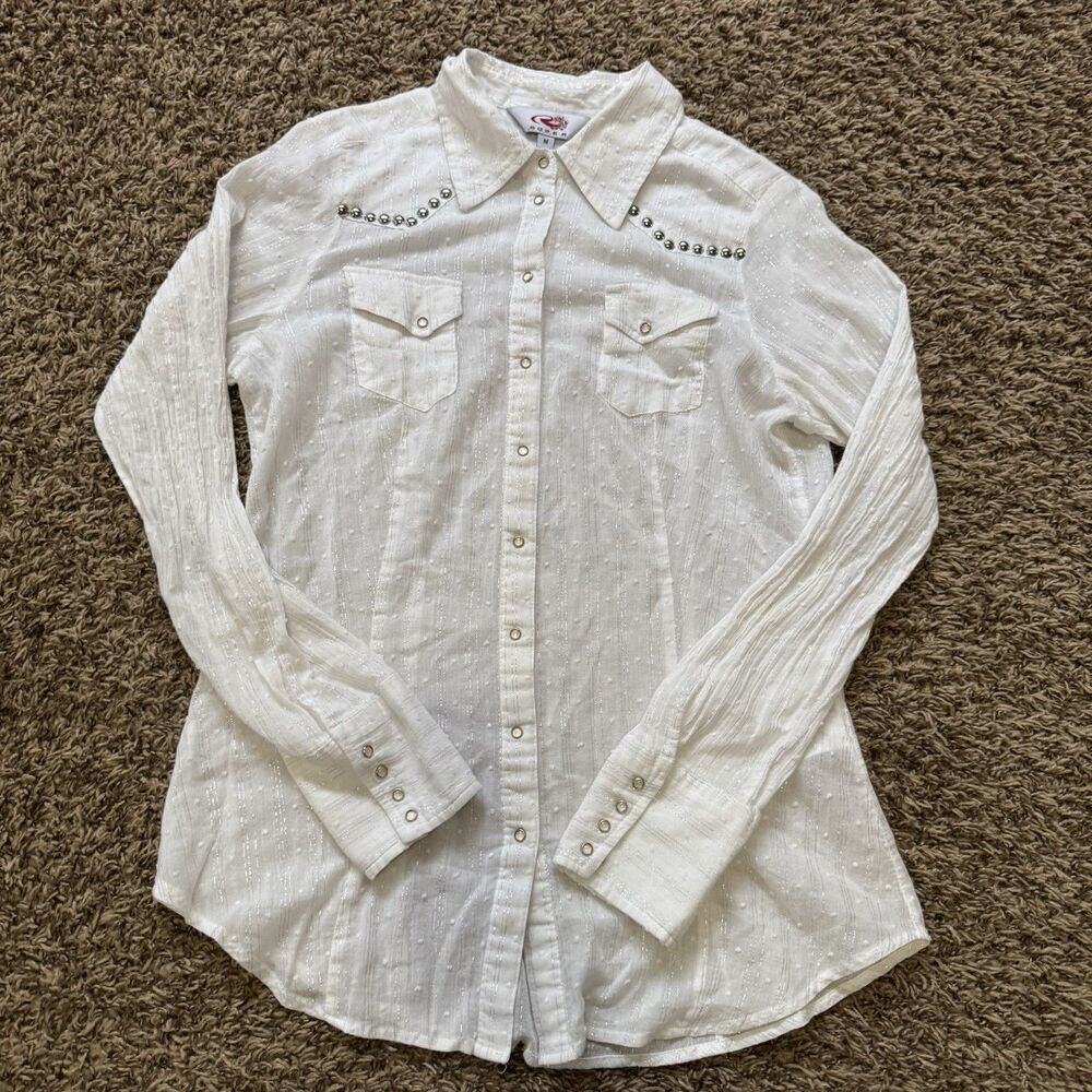 Roper Women M Western Cowgirl Shirt Pearl Snap Embroidered White Silver Metallic